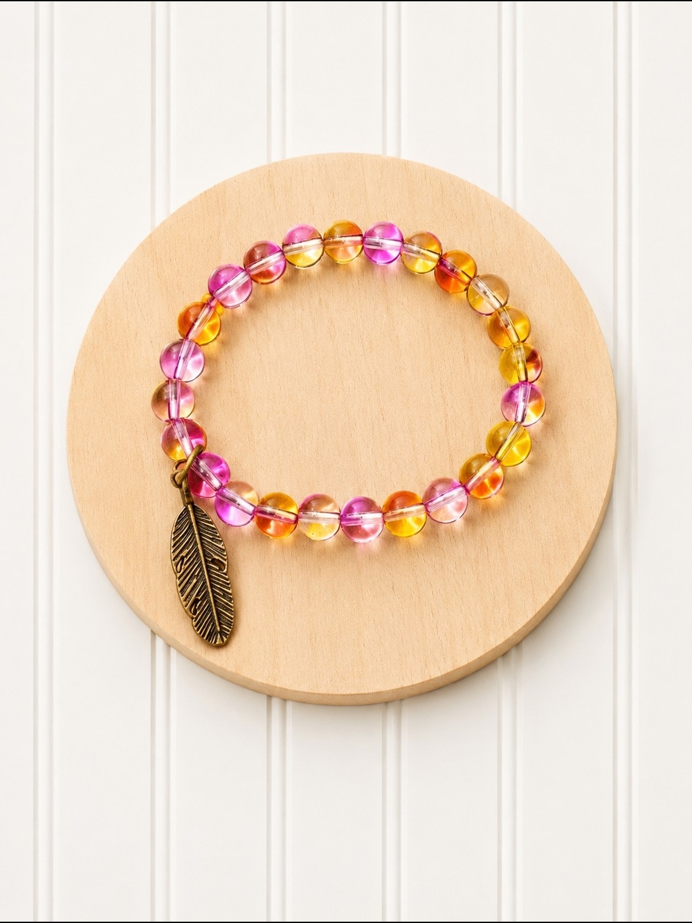 Boho Multi-Color Glass Bead Bracelet with Feather Charm